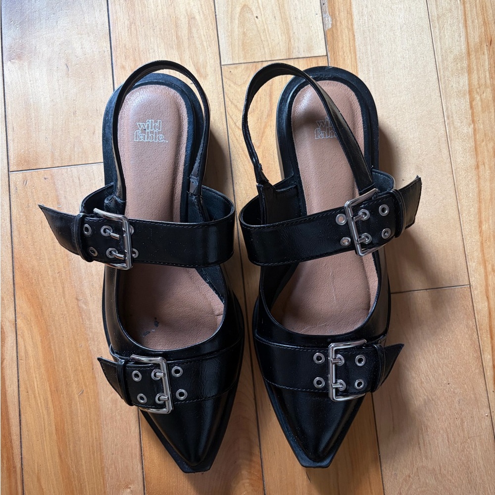 Black Pointed Slingback Buckle Flats -  Women